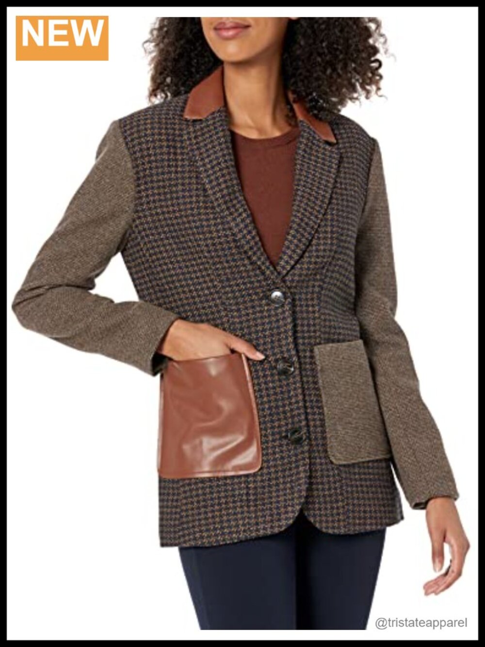 Women's Houndstooth Blazer Notch Lapel Long Sleeve Button